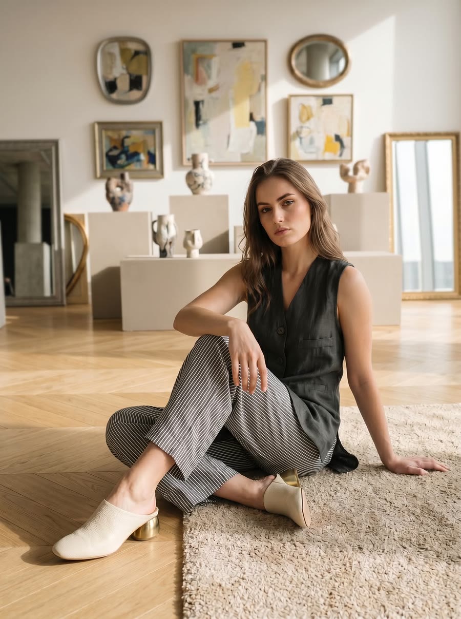 Zwart topje met grijze wijde broek, zittend in een galerie